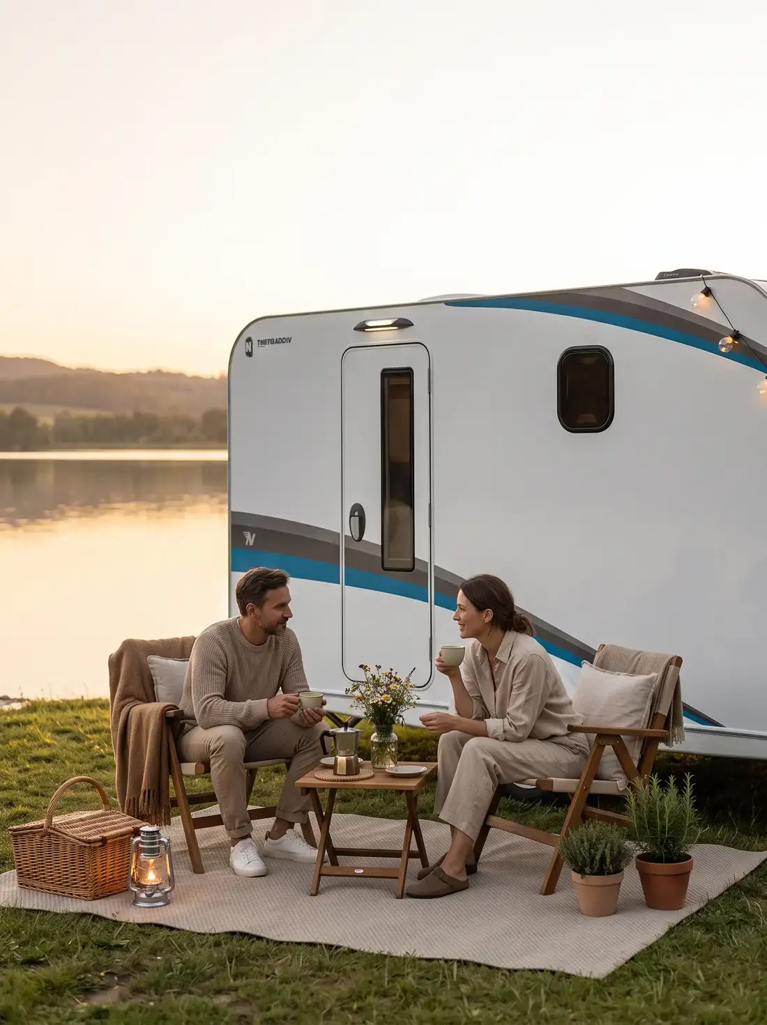 Zwei Personen sitzen beim Kaffee vor einem Wohnwagen am See