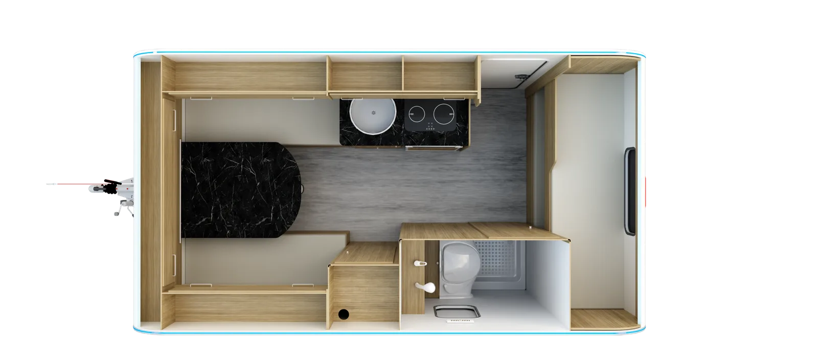 Lazur 4 Family: Grundriss am Tag: Sitzgruppe mit rundem Tisch, Küchenzeile und Nasszelle